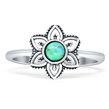 Round Turquoise 11mm Mandala Flower Ring Oxidized 925 Sterling Silver Wholesale